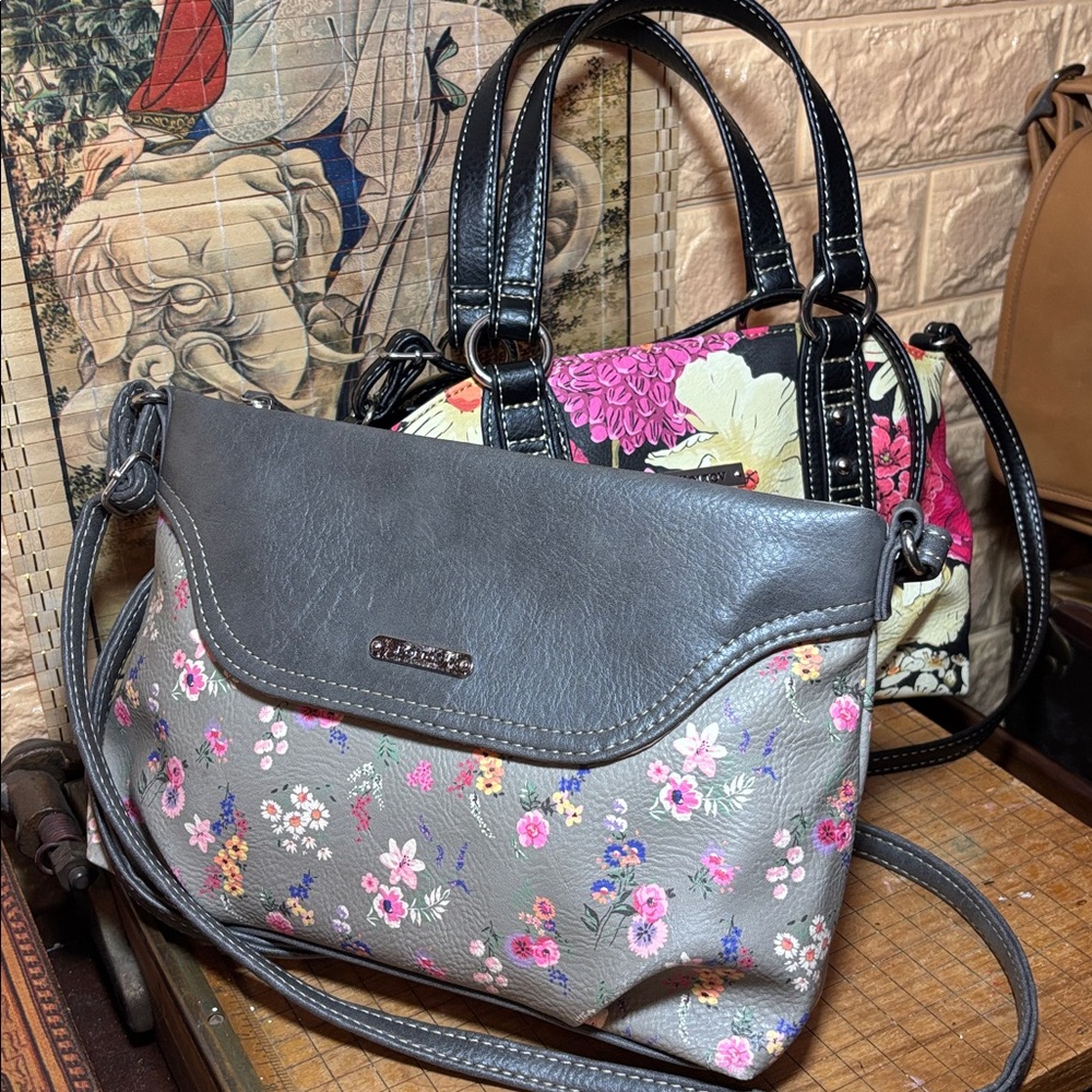 2 Koltov Bags Pink w Black Floral and Grey Floral Faux Leather Variety Bundle